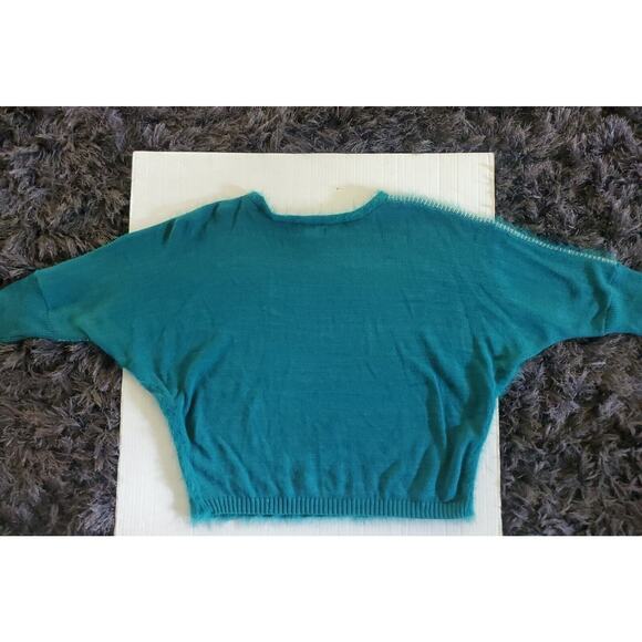 Jennifer Lopez XXL Dolman Sleeve Metallic Thread Faux Fur Teal Pullover Sweater - Picture 5 of 7